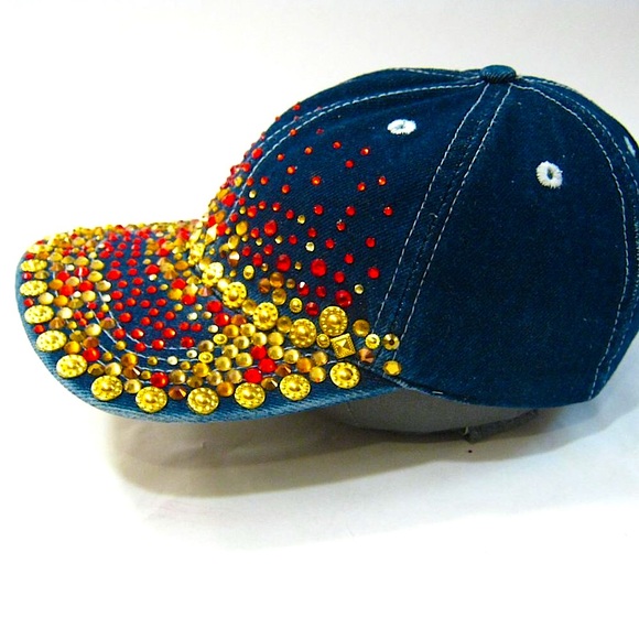 Handmade Denim Red Gold Rhinestone Studded Glittery streetwear Baseball Cap Hat - Picture 4 of 8